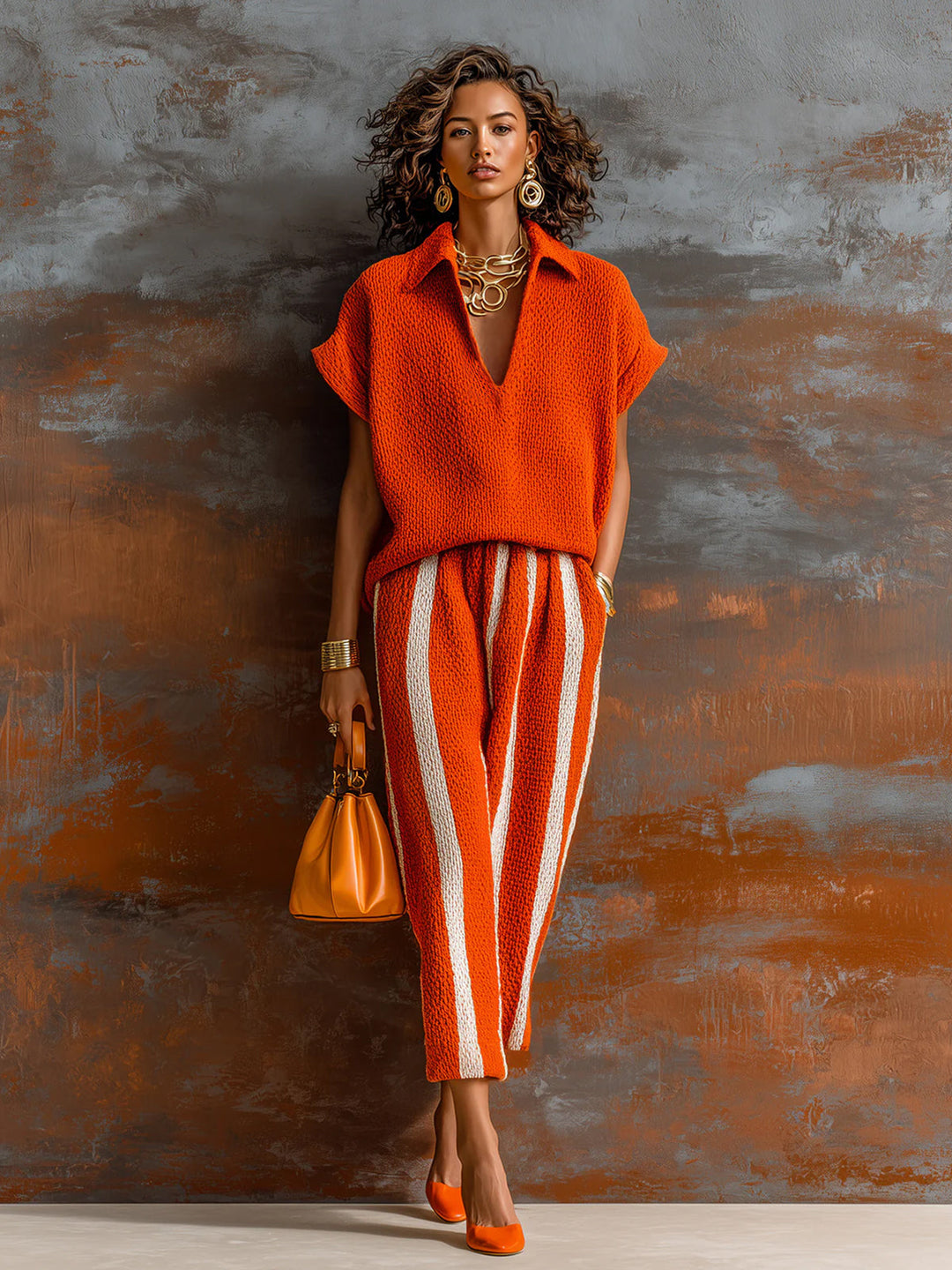 EXCLUSIVE | Chic Elegant Orange-White Colorblock Lapel V-Neck Short-Sleeve Loose-Fit Sweater Elastic-Waist Pants Knit Two-Piece Set