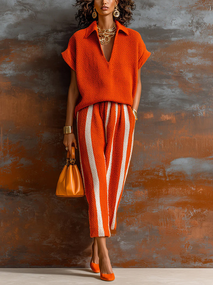 EXCLUSIVE | Chic Elegant Orange-White Colorblock Lapel V-Neck Short-Sleeve Loose-Fit Sweater Elastic-Waist Pants Knit Two-Piece Set