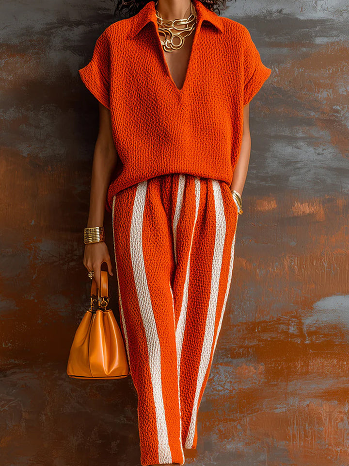 EXCLUSIVE | Chic Elegant Orange-White Colorblock Lapel V-Neck Short-Sleeve Loose-Fit Sweater Elastic-Waist Pants Knit Two-Piece Set