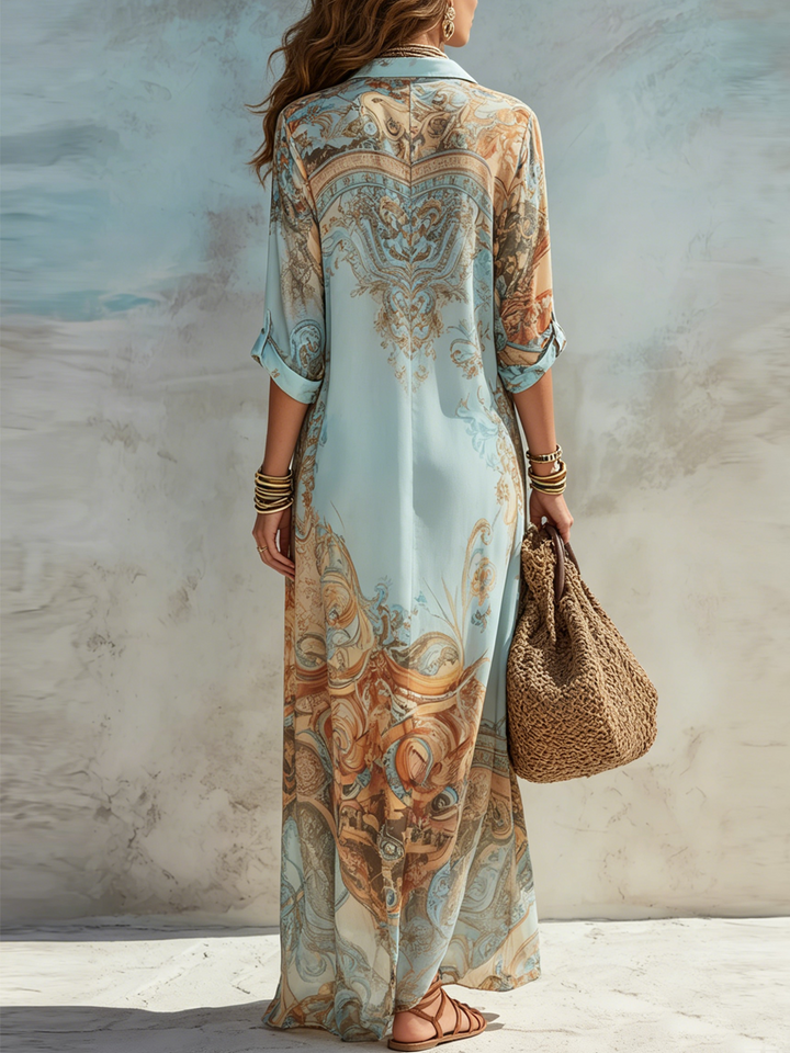 Klea | Baroque Style Floral Blue Maxi Dress