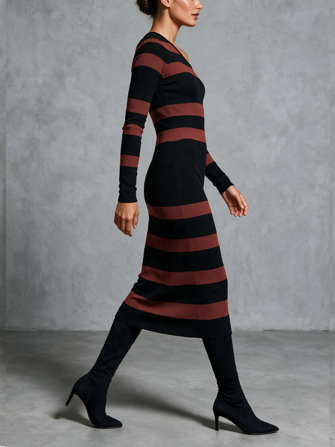 Black And Red Striped One-Shoulder Knit Midi Dress