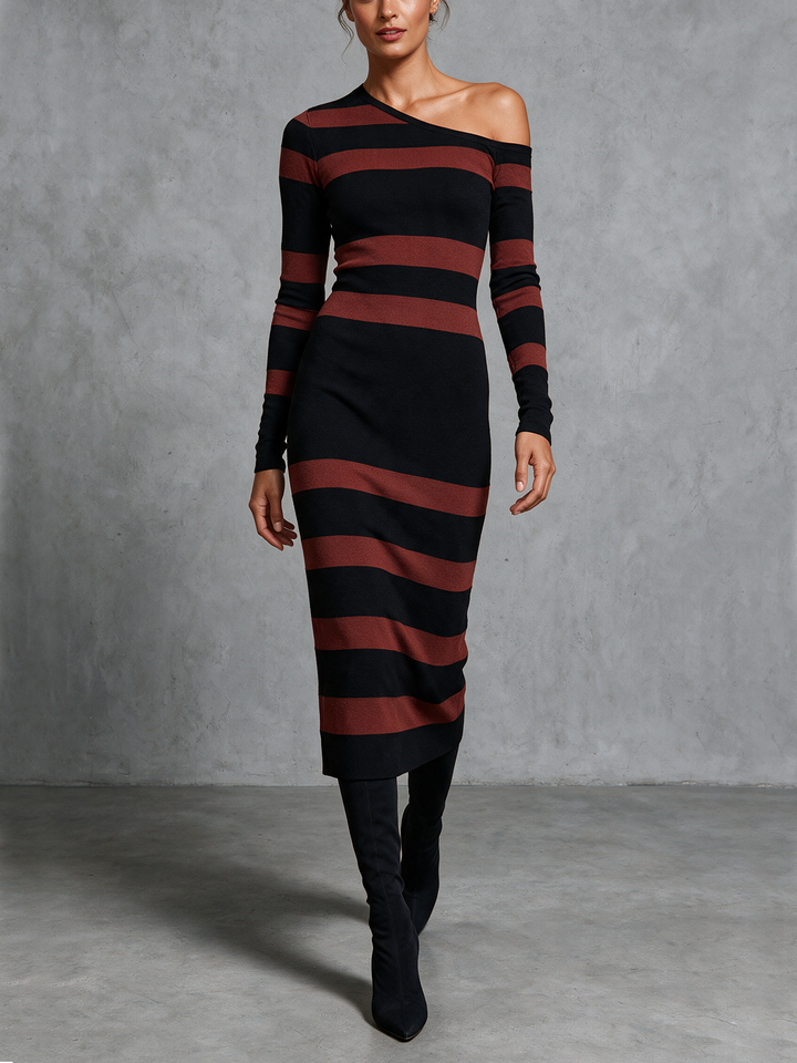 Black And Red Striped One-Shoulder Knit Midi Dress
