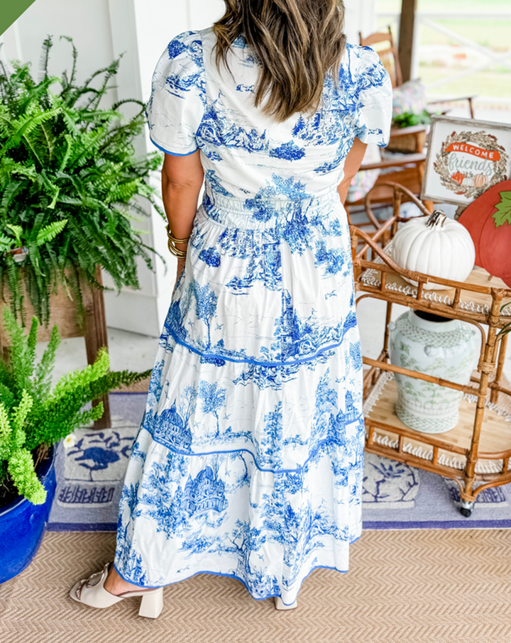 Marcelline| Timeless Toile Maxi – Elegant Flattering Comfort with Effortless Flow