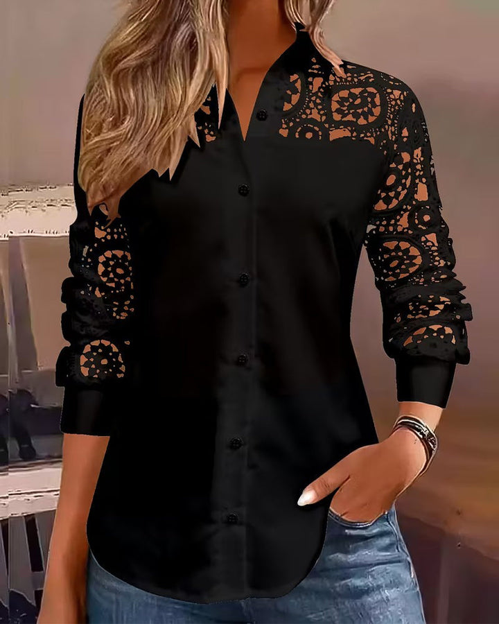 Solid Color Blouse with Lace Patchwork