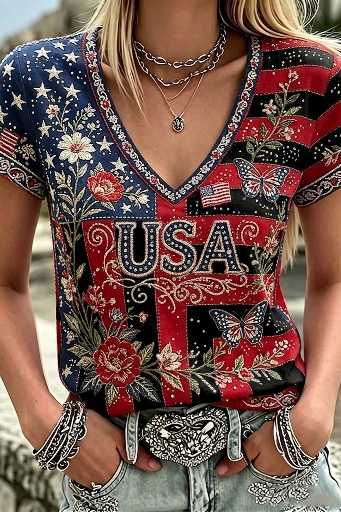 Women's Vintage Anniversary Flag Flower Art Print V Neck Linen Blend T-shirt