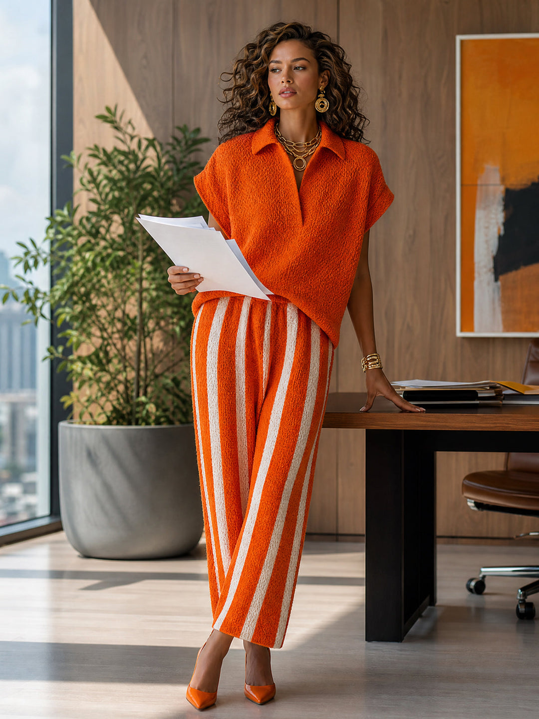 EXCLUSIVE | Chic Elegant Orange-White Colorblock Lapel V-Neck Short-Sleeve Loose-Fit Sweater Elastic-Waist Pants Knit Two-Piece Set