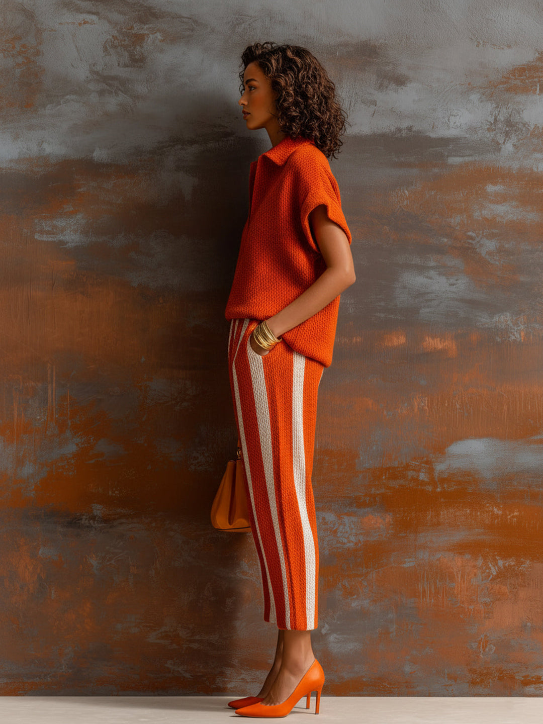 EXCLUSIVE | Chic Elegant Orange-White Colorblock Lapel V-Neck Short-Sleeve Loose-Fit Sweater Elastic-Waist Pants Knit Two-Piece Set