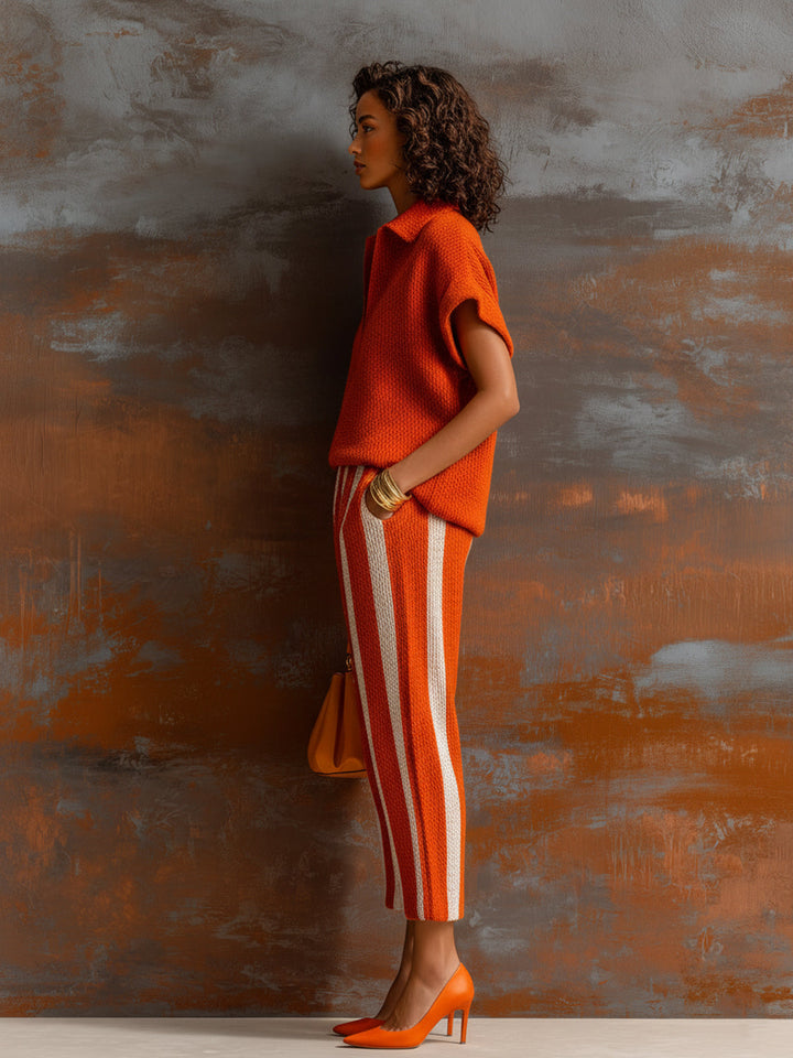 EXCLUSIVE | Chic Elegant Orange-White Colorblock Lapel V-Neck Short-Sleeve Loose-Fit Sweater Elastic-Waist Pants Knit Two-Piece Set