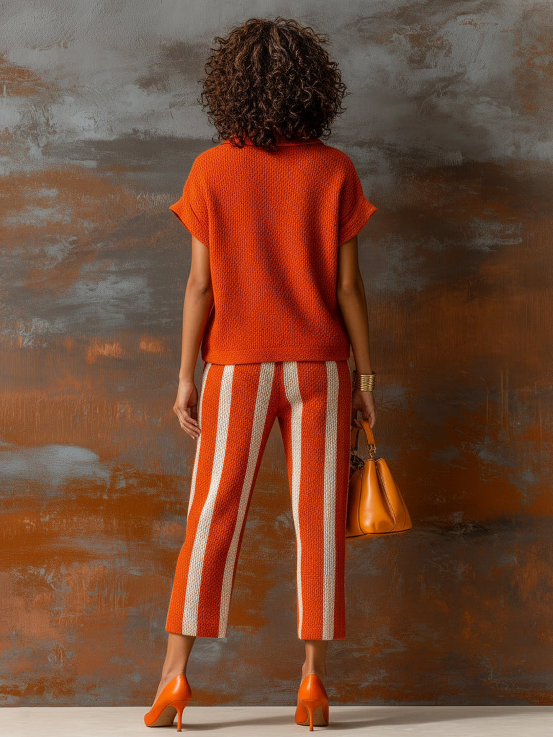 EXCLUSIVE | Chic Elegant Orange-White Colorblock Lapel V-Neck Short-Sleeve Loose-Fit Sweater Elastic-Waist Pants Knit Two-Piece Set