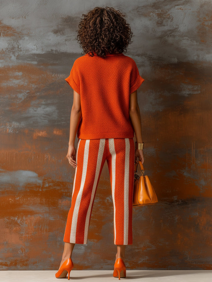 EXCLUSIVE | Chic Elegant Orange-White Colorblock Lapel V-Neck Short-Sleeve Loose-Fit Sweater Elastic-Waist Pants Knit Two-Piece Set