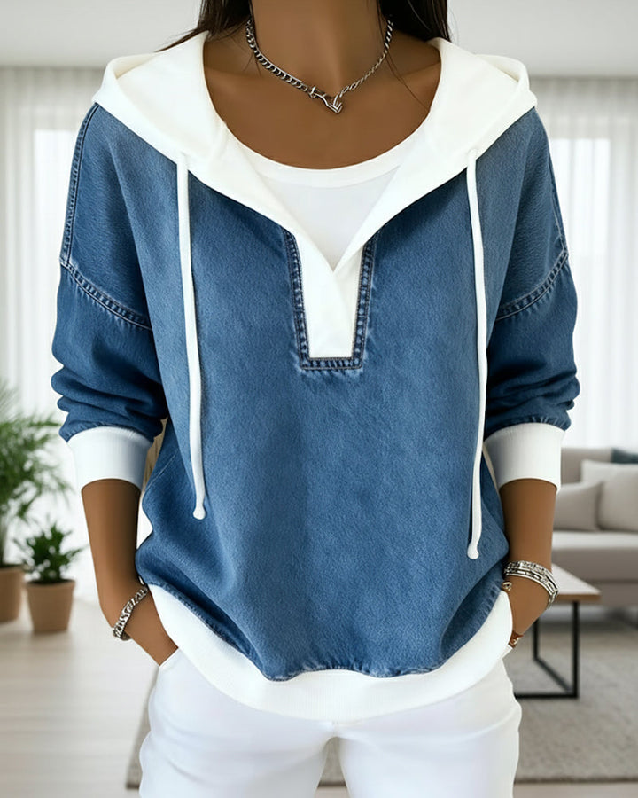 Hooded Sweatshirt with Laces and Denim Panels