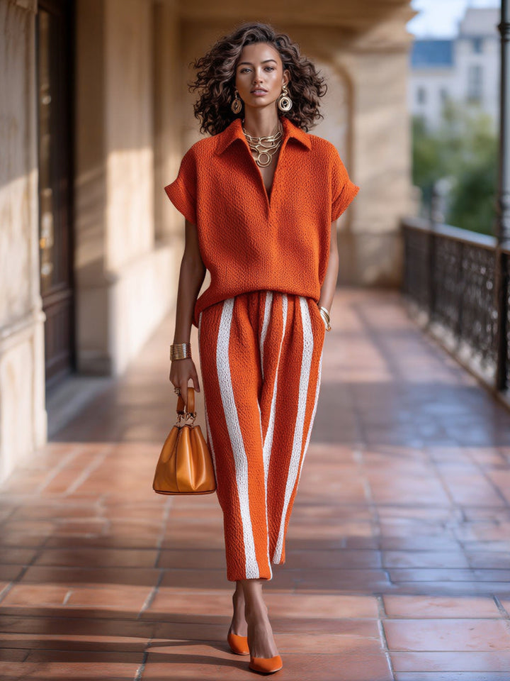 EXCLUSIVE | Chic Elegant Orange-White Colorblock Lapel V-Neck Short-Sleeve Loose-Fit Sweater Elastic-Waist Pants Knit Two-Piece Set