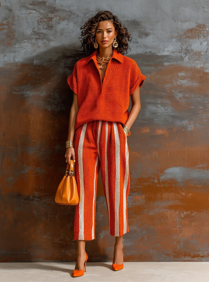 EXCLUSIVE | Chic Elegant Orange-White Colorblock Lapel V-Neck Short-Sleeve Loose-Fit Sweater Elastic-Waist Pants Knit Two-Piece Set