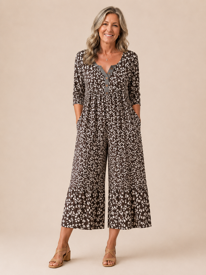 Hazel™ | Leaf Print V-Neck Jumpsuit with Short Sleeves and Wide Legs