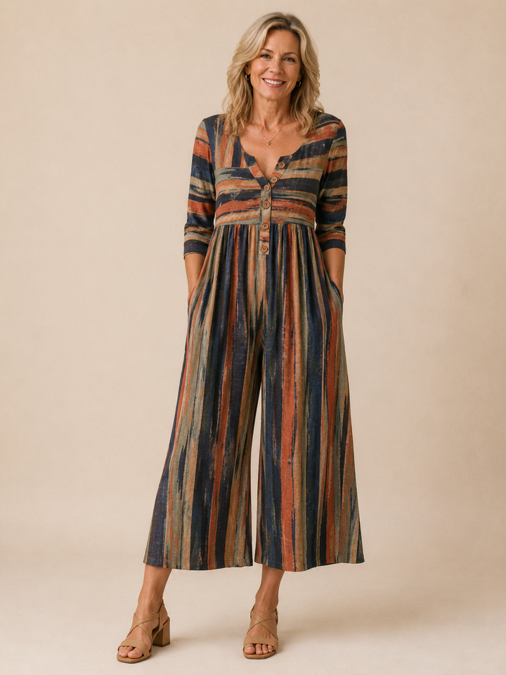 Hazel™ | Leaf Print V-Neck Jumpsuit with Short Sleeves and Wide Legs