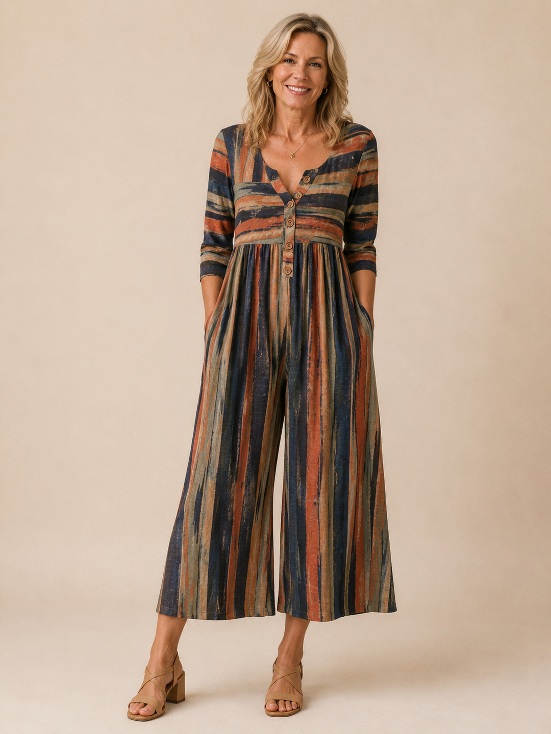 Hazel™ | Leaf Print V-Neck Jumpsuit with Short Sleeves and Wide Legs