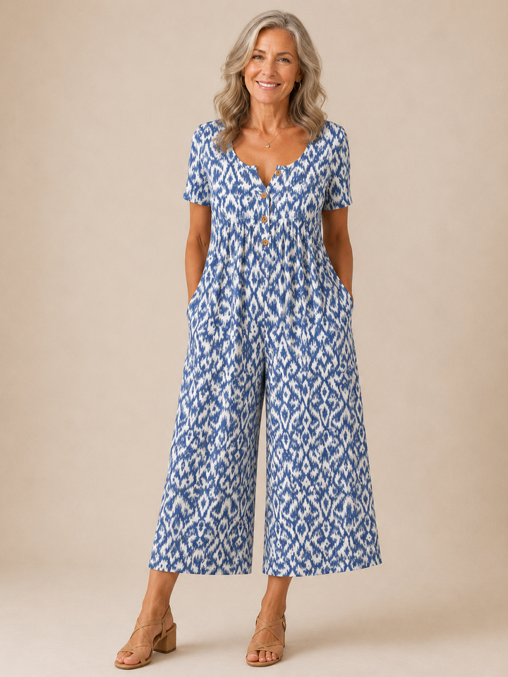 Hazel™ | Leaf Print V-Neck Jumpsuit with Short Sleeves and Wide Legs