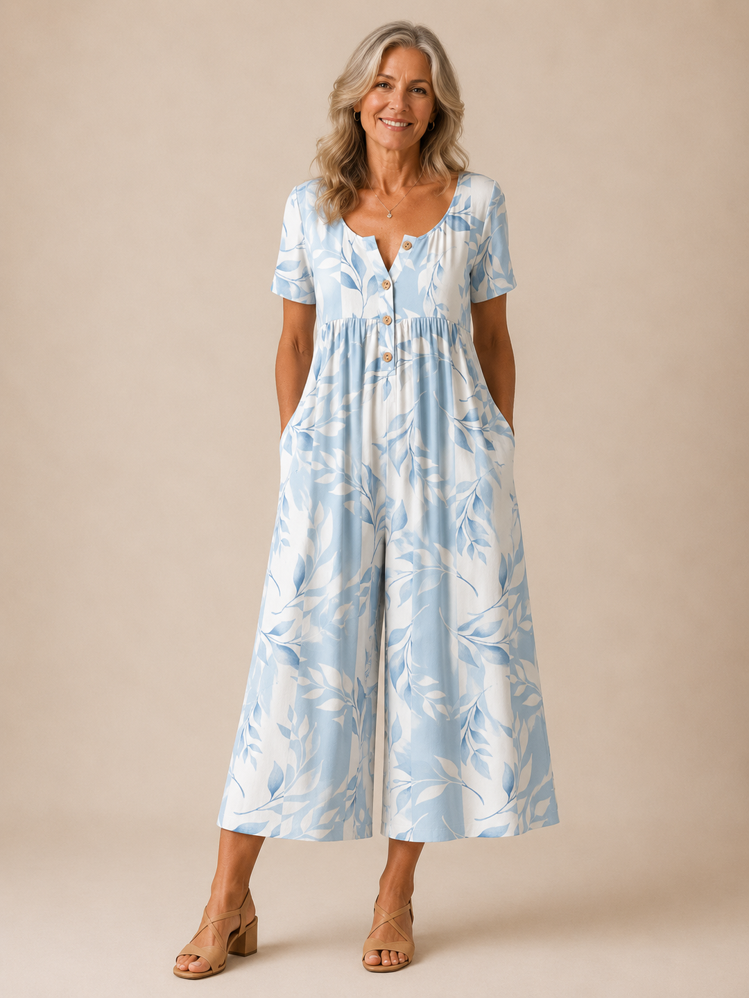 Hazel™ | Leaf Print V-Neck Jumpsuit with Short Sleeves and Wide Legs