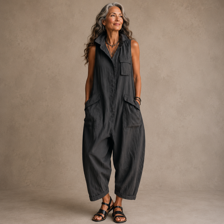 Susan | Sleeveless Cargo Jumpsuit with Collar and Flap Pockets