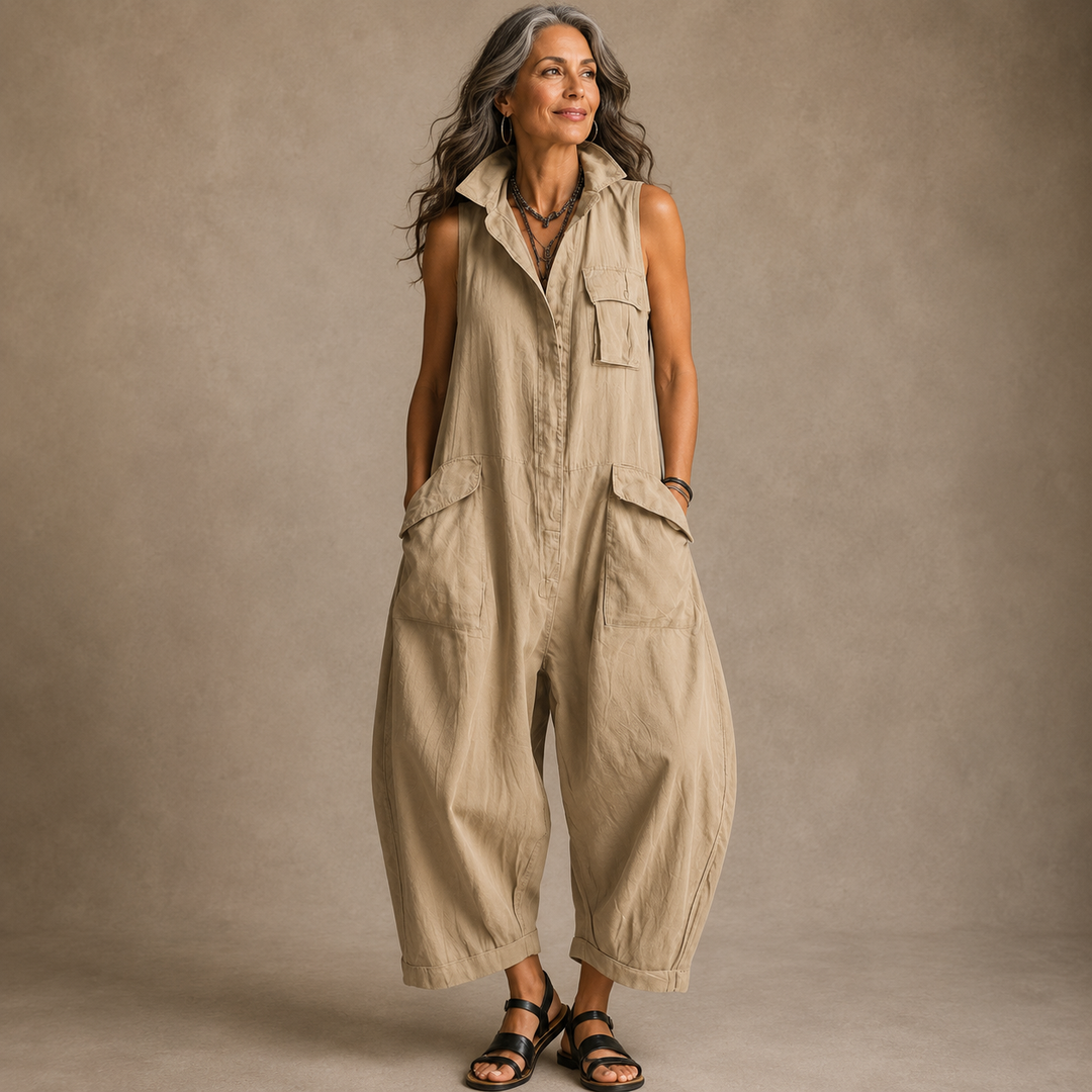 Susan | Sleeveless Cargo Jumpsuit with Collar and Flap Pockets