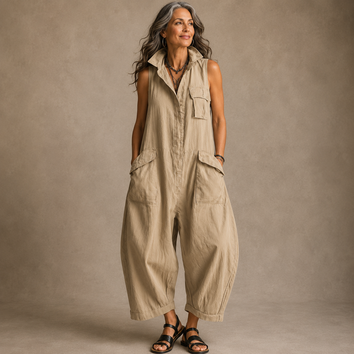 Susan | Sleeveless Cargo Jumpsuit with Collar and Flap Pockets