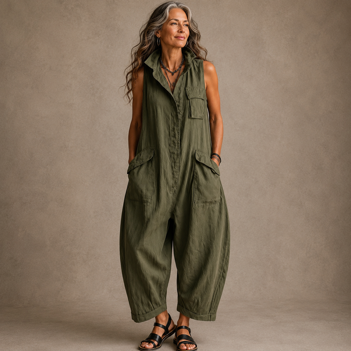 Susan | Sleeveless Cargo Jumpsuit with Collar and Flap Pockets