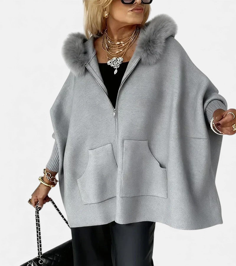 Arabelle - Hooded Cape Jacket with Fur Collar