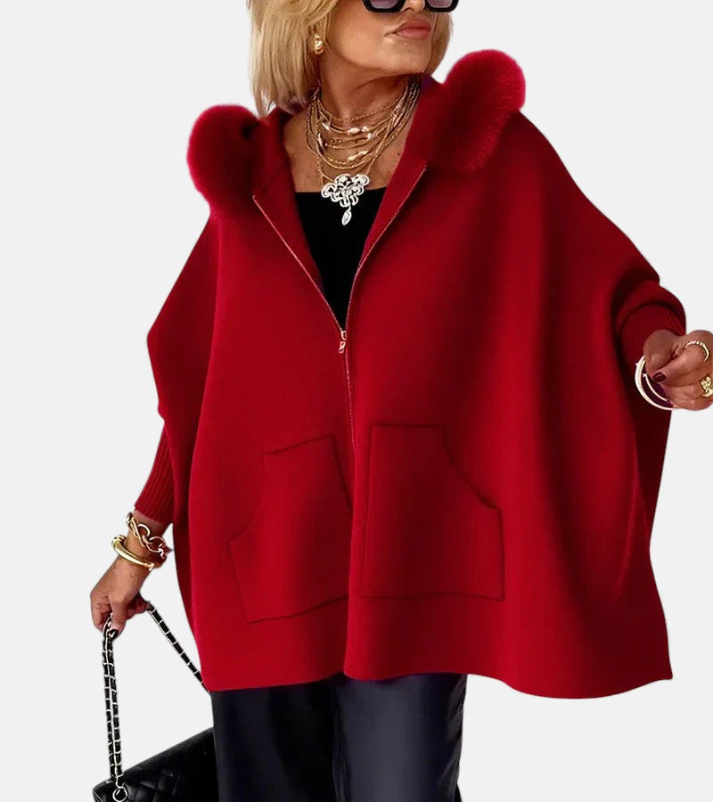 Arabelle - Hooded Cape Jacket with Fur Collar