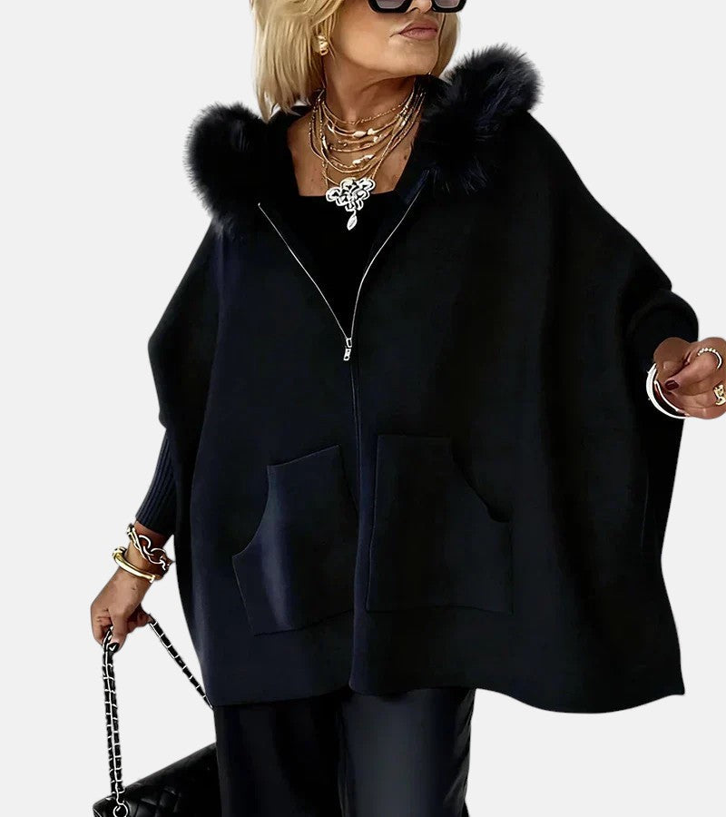 Arabelle - Hooded Cape Jacket with Fur Collar