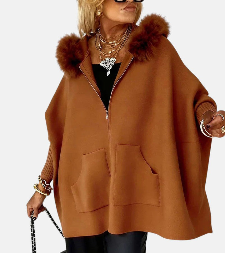 Arabelle - Hooded Cape Jacket with Fur Collar