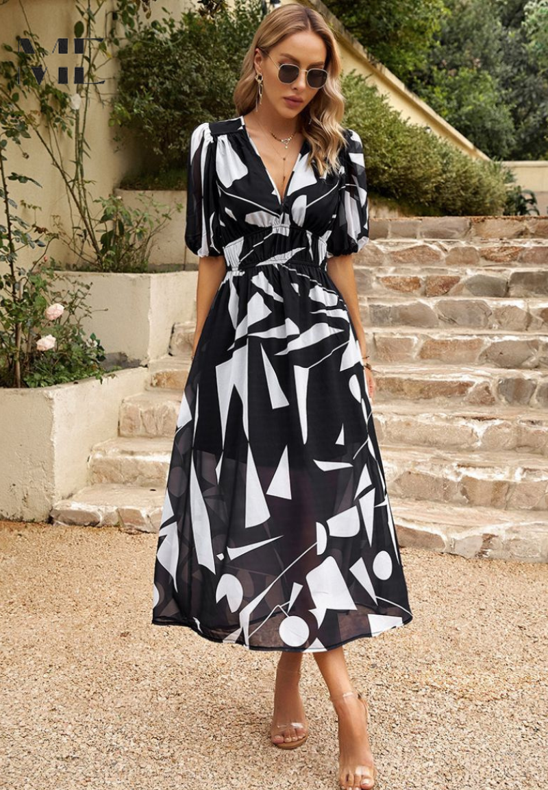 Monica | Floral Midi Dress with Puff Sleeves