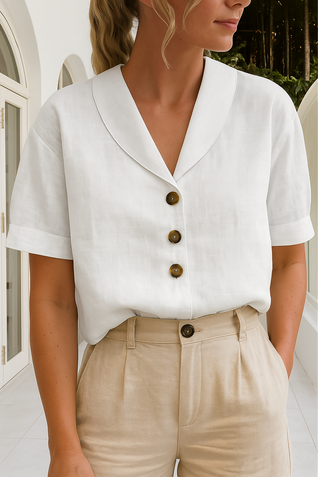 Ellen | Linen Blouse Short Sleeve Shawl Collar Button Front
