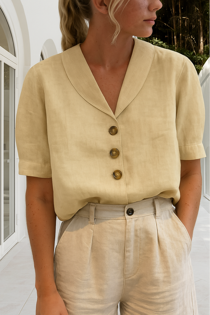 Ellen | Linen Blouse Short Sleeve Shawl Collar Button Front