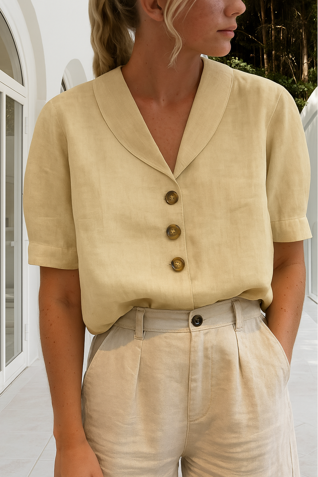 Ellen | Linen Blouse Short Sleeve Shawl Collar Button Front