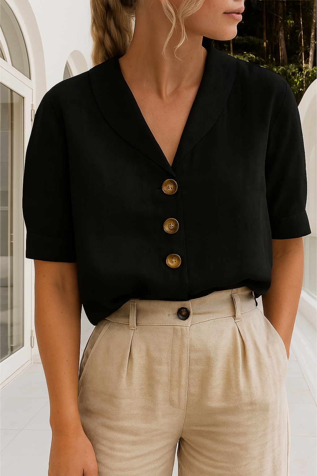 Ellen | Linen Blouse Short Sleeve Shawl Collar Button Front