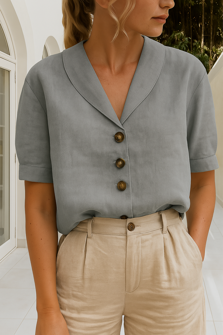Ellen | Linen Blouse Short Sleeve Shawl Collar Button Front