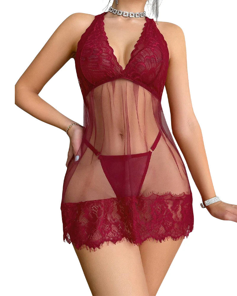 Floral Lace Halter Babydoll Lingerie Dress with G-string