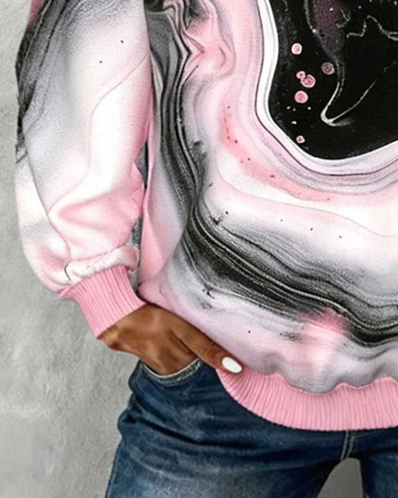 Revers Collar Button Printed Sweatshirt Long Sleeve