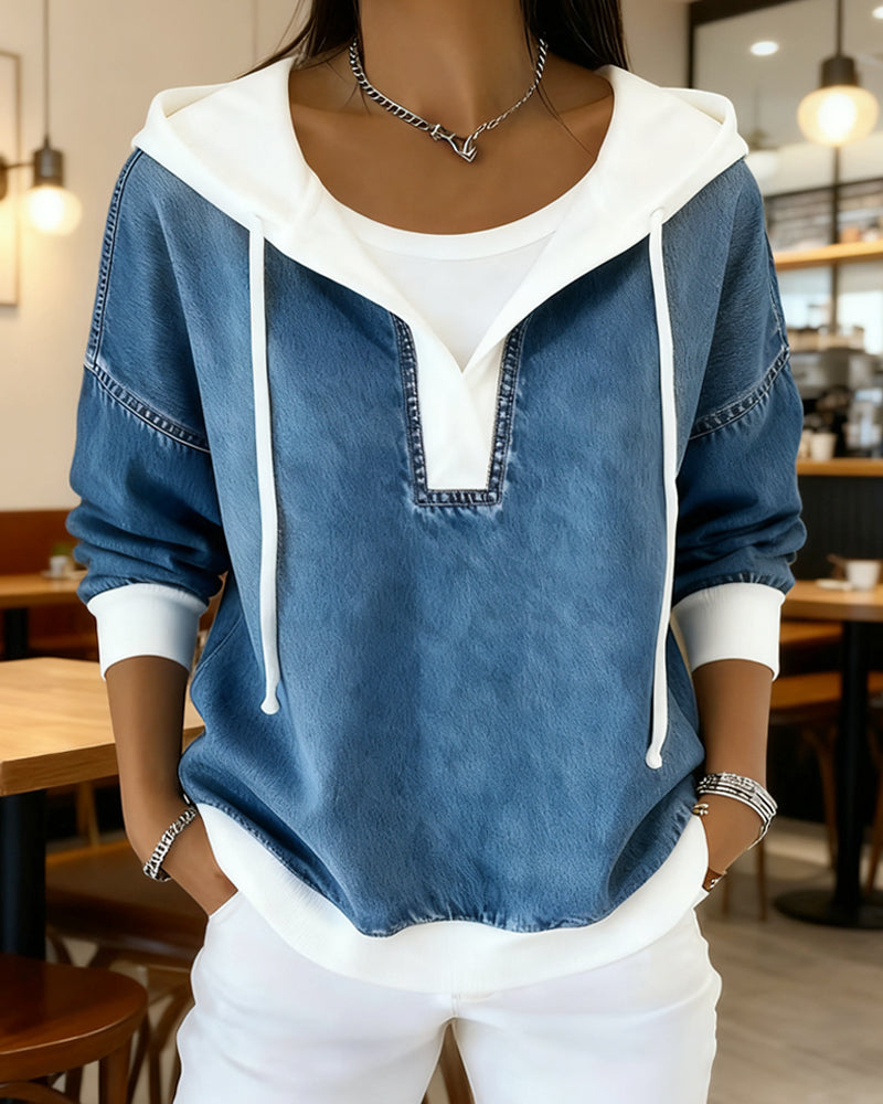 Hooded Sweatshirt with Laces and Denim Panels