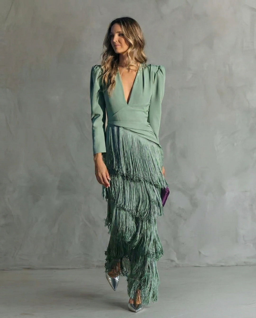 Clara | Elegant midi dress with fringe sleeves