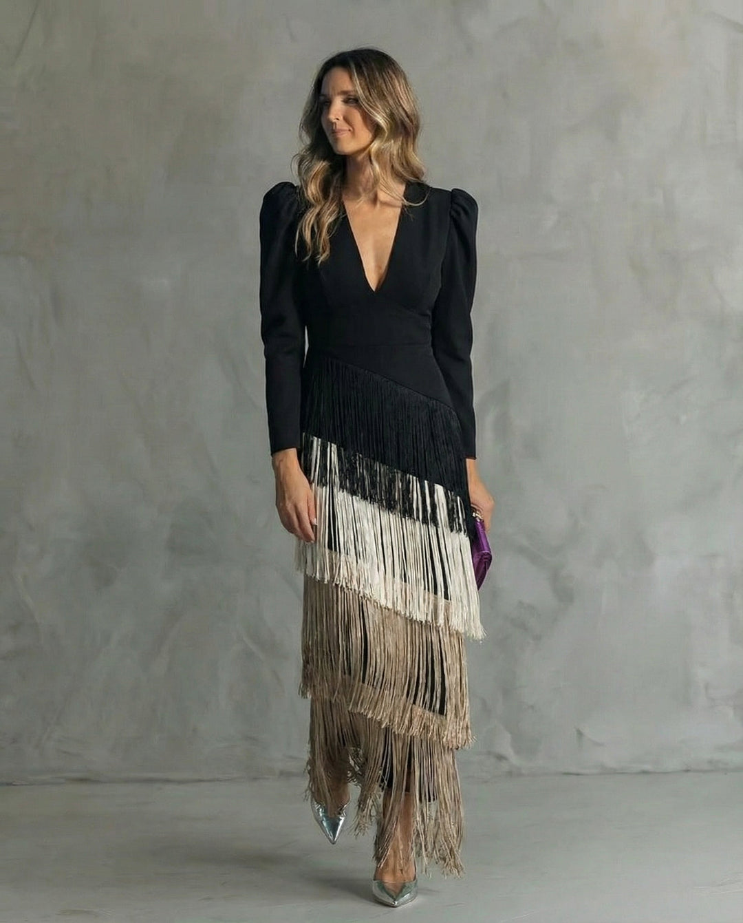 Clara | Elegant midi dress with fringe sleeves