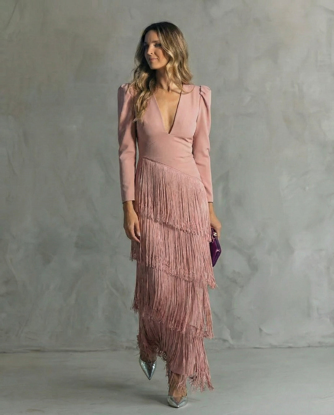 Clara | Elegant midi dress with fringe sleeves
