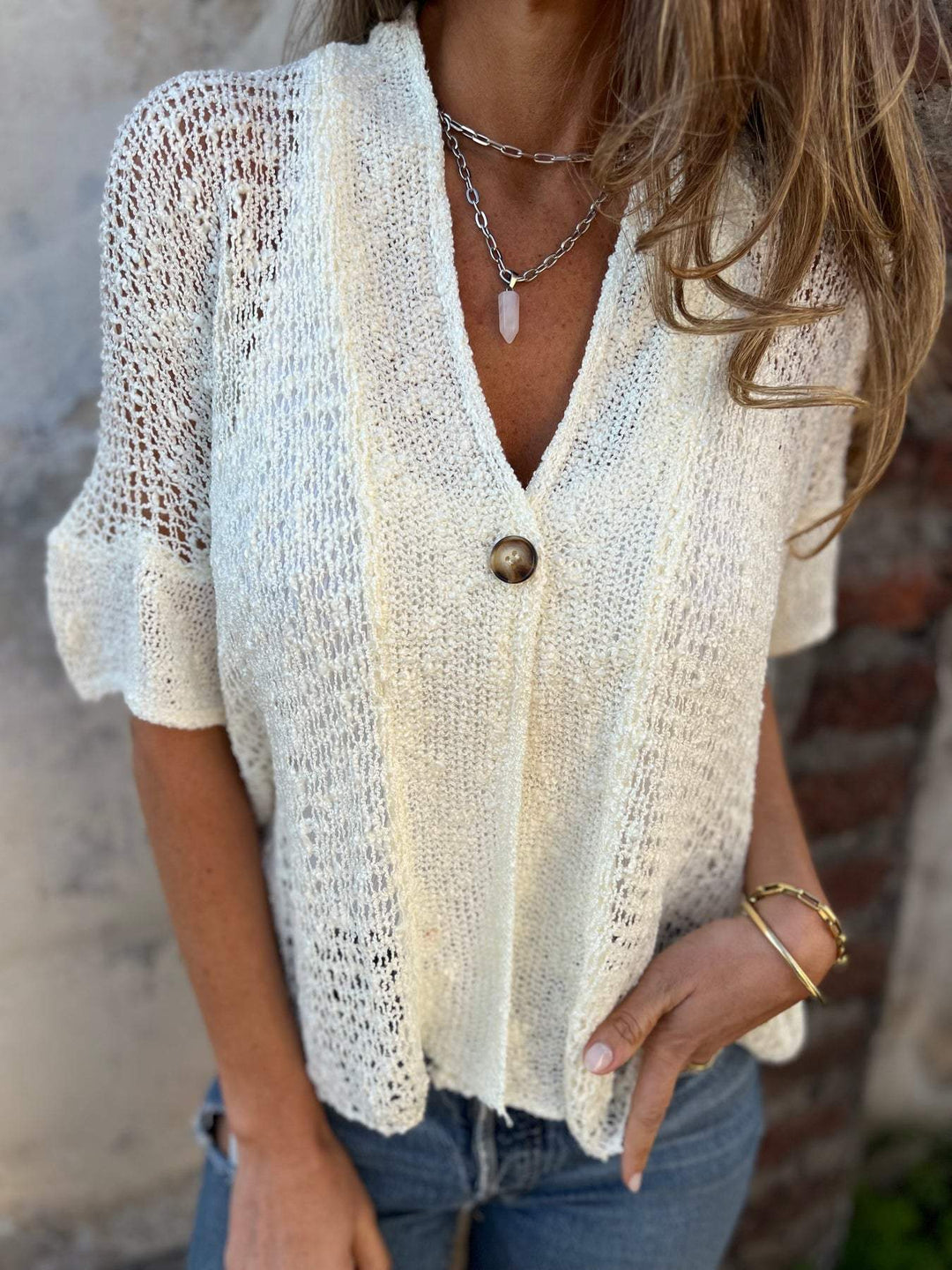 Tindra - V-Neck Hollow Out Knit Top