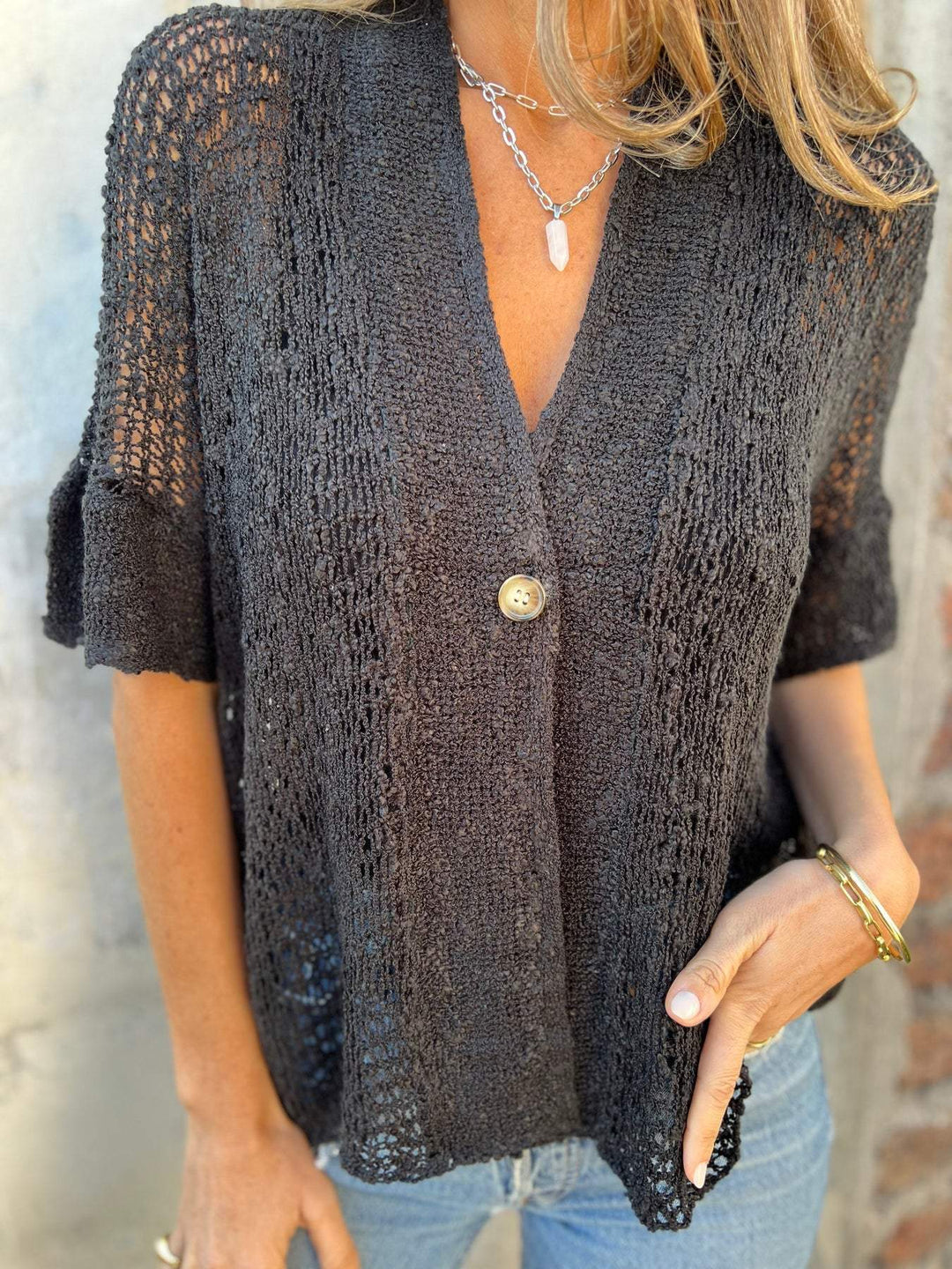 Tindra - V-Neck Hollow Out Knit Top
