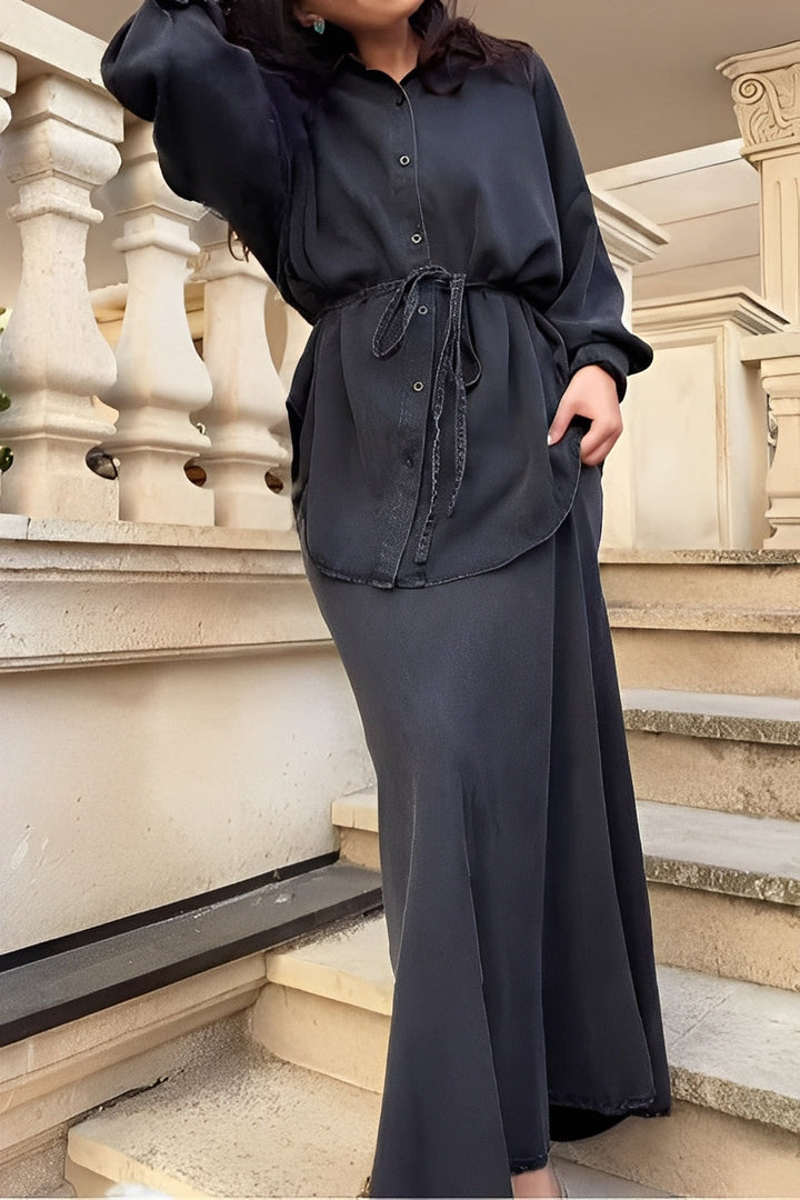 Evelore | Long-Sleeved Tie-Drawstring Shirt & Skirt Set - Effortless Style, Everyday Confidence